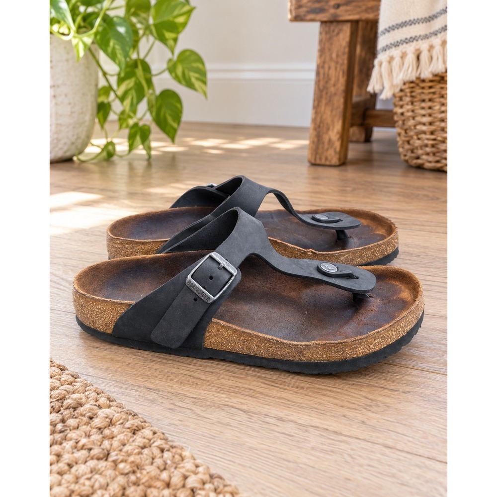 Birkenstock Gizeh Black Oiled Leather Thong‎ Sandals Women Size 38 L7 M5